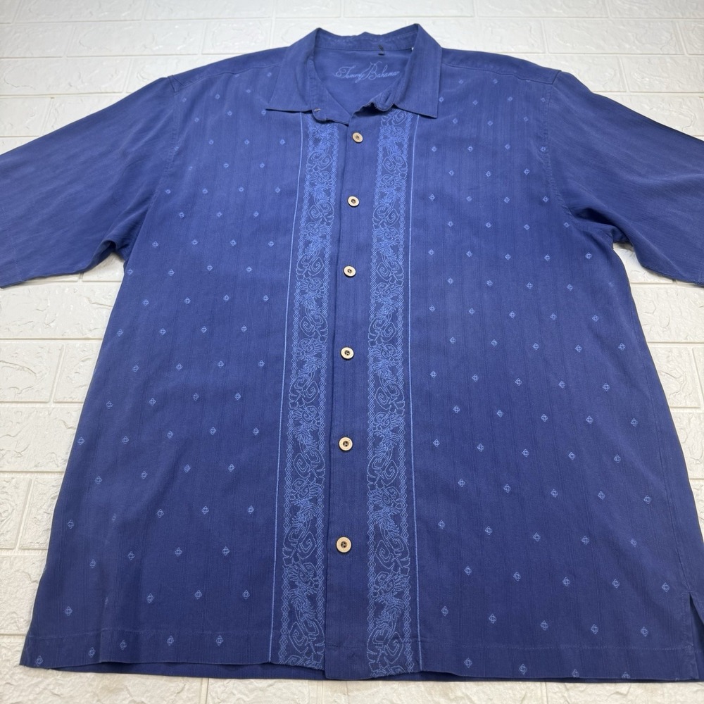 Tommy Bahama 100% Silk Men XL Hawaiian Blue Floral Short Sleeve Button Up Shirt
